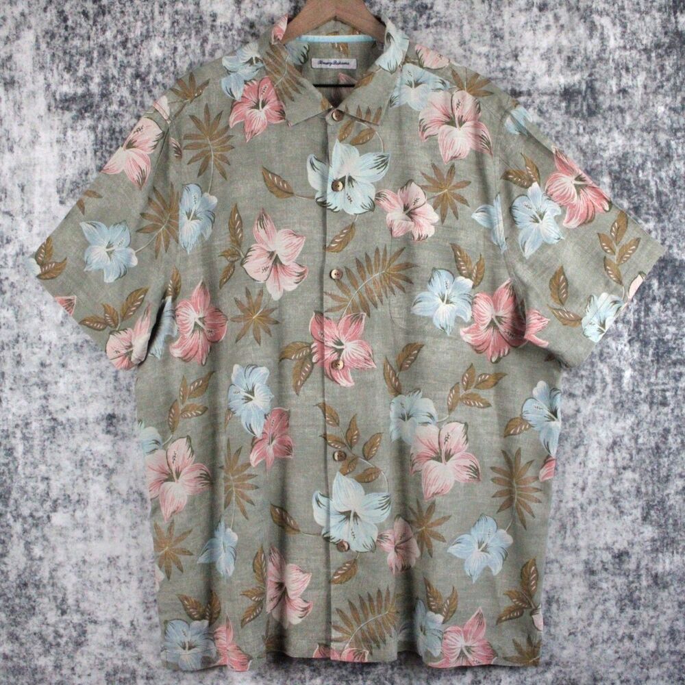 Tommy Bahama Camp Shirt Mens XXL Island Zone Silk Blend Hawaiian Floral Beige